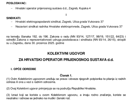 Preuzmite ili pogledajte Kolektivni ugovor za Hrvatski operater prijenosnog sustava d.o.o, 2025 godine