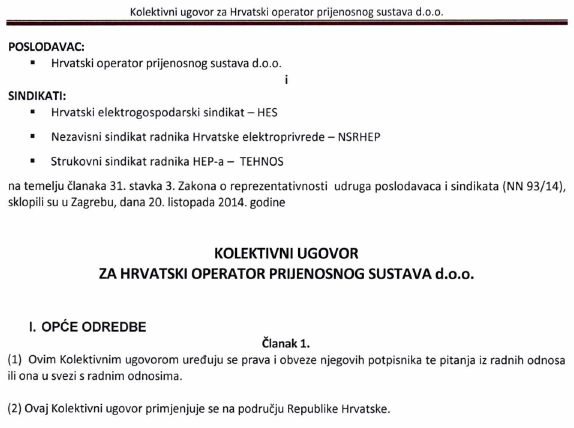 Preuzmite ili pogledajte Kolektivni ugovor za Hrvatski operater prijenosnog sustava d.o.o, 2014 godine